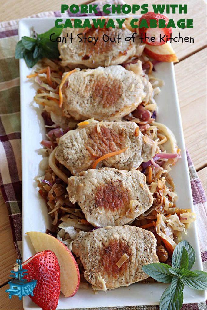 Pork Chops with Caraway Cabbage | Can't Stay Out of the Kitchen | this tasty & delicious #MainDish includes #PorkChops with wonderfully flavored tri-colored #cabbage. It's a great #pork dish to whip up when you're short on time since it's really easy to toss together. #GlutenFree #PorkChopsWithCarawayCabbage