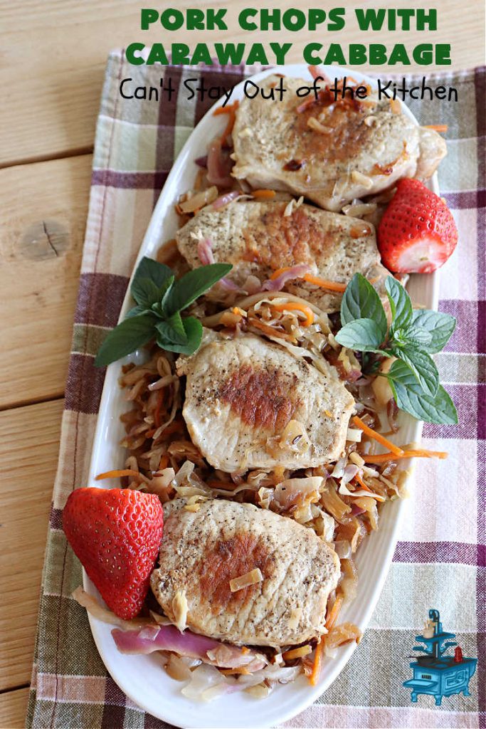 Pork Chops with Caraway Cabbage | Can't Stay Out of the Kitchen | this tasty & delicious #MainDish includes #PorkChops with wonderfully flavored tri-colored #cabbage. It's a great #pork dish to whip up when you're short on time since it's really easy to toss together. #GlutenFree #PorkChopsWithCarawayCabbage