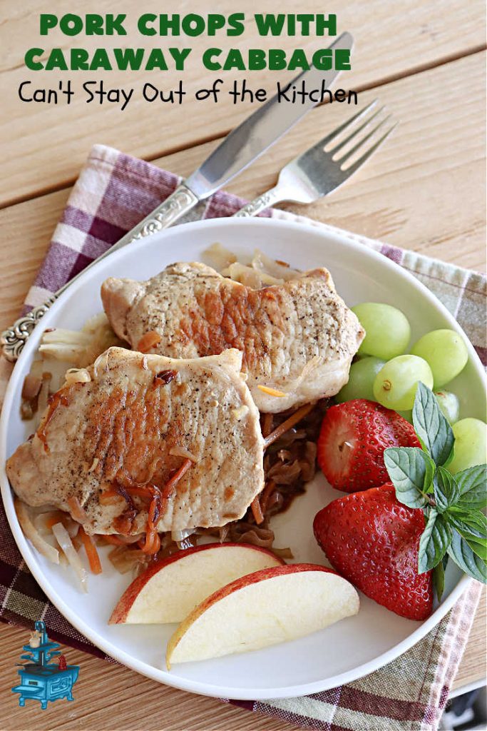 Pork Chops with Caraway Cabbage | Can't Stay Out of the Kitchen | this tasty & delicious #MainDish includes #PorkChops with wonderfully flavored tri-colored #cabbage. It's a great #pork dish to whip up when you're short on time since it's really easy to toss together. #GlutenFree #PorkChopsWithCarawayCabbage
