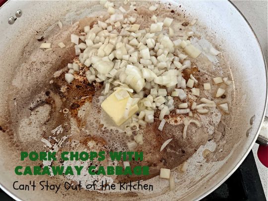 Pork Chops with Caraway Cabbage | Can't Stay Out of the Kitchen | this tasty & delicious #MainDish includes #PorkChops with wonderfully flavored tri-colored #cabbage. It's a great #pork dish to whip up when you're short on time since it's really easy to toss together. #GlutenFree #PorkChopsWithCarawayCabbage