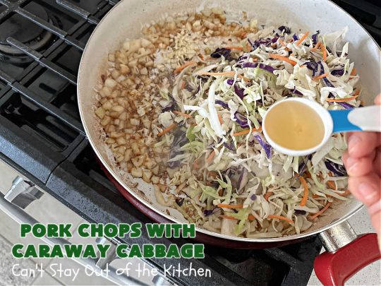 Pork Chops with Caraway Cabbage | Can't Stay Out of the Kitchen | this tasty & delicious #MainDish includes #PorkChops with wonderfully flavored tri-colored #cabbage. It's a great #pork dish to whip up when you're short on time since it's really easy to toss together. #GlutenFree #PorkChopsWithCarawayCabbage