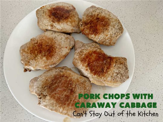 Pork Chops with Caraway Cabbage | Can't Stay Out of the Kitchen | this tasty & delicious #MainDish includes #PorkChops with wonderfully flavored tri-colored #cabbage. It's a great #pork dish to whip up when you're short on time since it's really easy to toss together. #GlutenFree #PorkChopsWithCarawayCabbage