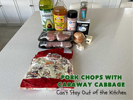Pork Chops with Caraway Cabbage | Can't Stay Out of the Kitchen | this tasty & delicious #MainDish includes #PorkChops with wonderfully flavored tri-colored #cabbage. It's a great #pork dish to whip up when you're short on time since it's really easy to toss together. #GlutenFree #PorkChopsWithCarawayCabbage