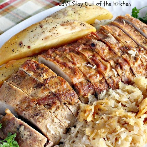 Pork Roast with Sauerkraut | Can't Stay Out of the Kitchen | our favorite comfort food when we were growing up. This is terrific for #Easter & company dinners. Uses only a handful of ingredients so it's very easy. #glutenfree #sauerkraut #pork