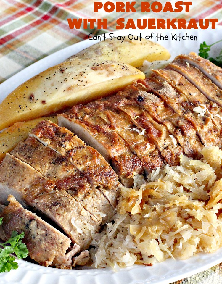 Pork Roast with Sauerkraut | Can't Stay Out of the Kitchen | our favorite comfort food when we were growing up. This is terrific for #Easter & company dinners. Uses only a handful of ingredients so it's very easy. #glutenfree #sauerkraut #pork