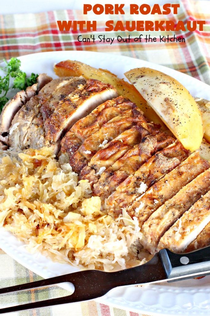 Pork Roast with Sauerkraut | Can't Stay Out of the Kitchen | our favorite comfort food when we were growing up. This is terrific for #Easter & company dinners. Uses only a handful of ingredients so it's very easy. #glutenfree #sauerkraut #pork