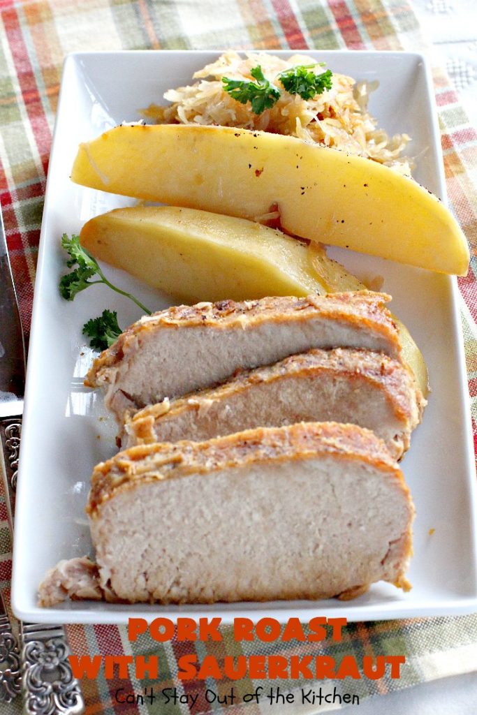 Pork Roast with Sauerkraut | Can't Stay Out of the Kitchen | our favorite comfort food when we were growing up. This is terrific for #Easter & company dinners. Uses only a handful of ingredients so it's very easy. #glutenfree #sauerkraut #pork
