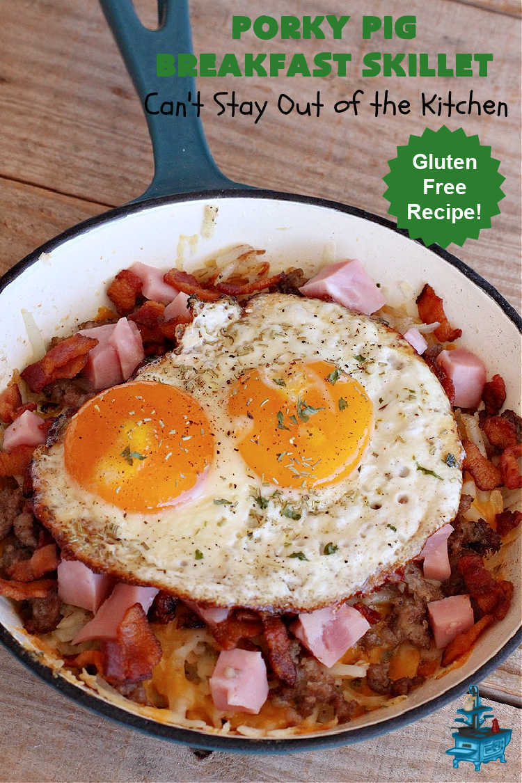 Porky Pig Breakfast Skillet | Can't Stay Out of the Kitchen | this hearty and amazing #BreakfastSkillet includes #eggs, "HashBrowns, two kinds of #cheese, #ham, #sausage & #bacon. It's absolutely the most mouthwatering #skillet #breakfast ever! If you enjoy hearty breakfasts, this one is amazing. #pork #SkilletBreakfast #PorkyPigBreakfastSkillet #Holiday #HolidayBreakfast