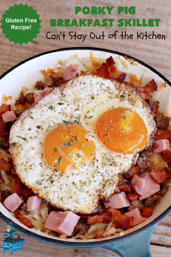 Porky Pig Breakfast Skillet | Can't Stay Out of the Kitchen | this hearty and amazing #BreakfastSkillet includes #eggs, "HashBrowns, two kinds of #cheese, #ham, #sausage & #bacon. It's absolutely the most mouthwatering #skillet #breakfast ever! If you enjoy hearty breakfasts, this one is amazing. #pork #SkilletBreakfast #PorkyPigBreakfastSkillet #Holiday #HolidayBreakfast