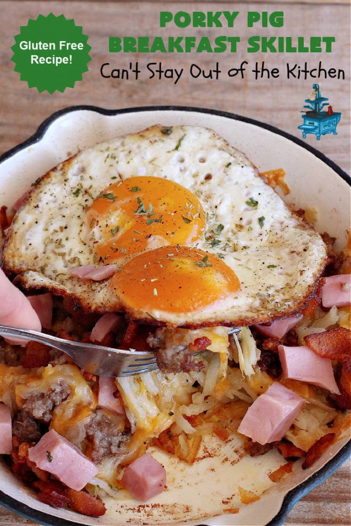 Porky Pig Breakfast Skillet | Can't Stay Out of the Kitchen | this hearty and amazing #BreakfastSkillet includes #eggs, "HashBrowns, two kinds of #cheese, #ham, #sausage & #bacon. It's absolutely the most mouthwatering #skillet #breakfast ever! If you enjoy hearty breakfasts, this one is amazing. #pork #SkilletBreakfast #PorkyPigBreakfastSkillet #Holiday #HolidayBreakfast