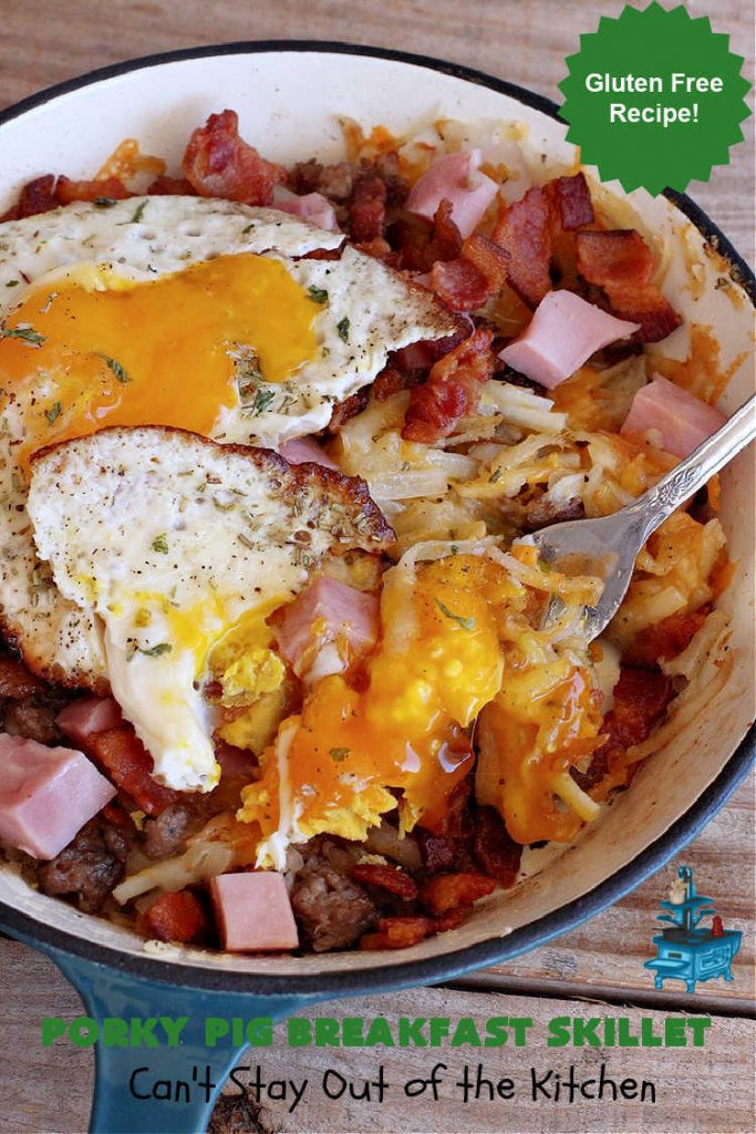 Porky Pig Breakfast Skillet | Can't Stay Out of the Kitchen | this hearty and amazing #BreakfastSkillet includes #eggs, "HashBrowns, two kinds of #cheese, #ham, #sausage & #bacon. It's absolutely the most mouthwatering #skillet #breakfast ever! If you enjoy hearty breakfasts, this one is amazing. #pork #SkilletBreakfast #PorkyPigBreakfastSkillet #Holiday #HolidayBreakfast
