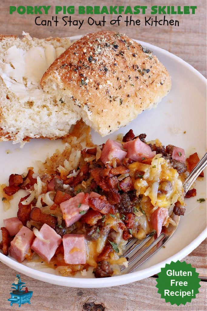 Porky Pig Breakfast Skillet | Can't Stay Out of the Kitchen | this hearty and amazing #BreakfastSkillet includes #eggs, "HashBrowns, two kinds of #cheese, #ham, #sausage & #bacon. It's absolutely the most mouthwatering #skillet #breakfast ever! If you enjoy hearty breakfasts, this one is amazing. #pork #SkilletBreakfast #PorkyPigBreakfastSkillet #Holiday #HolidayBreakfast