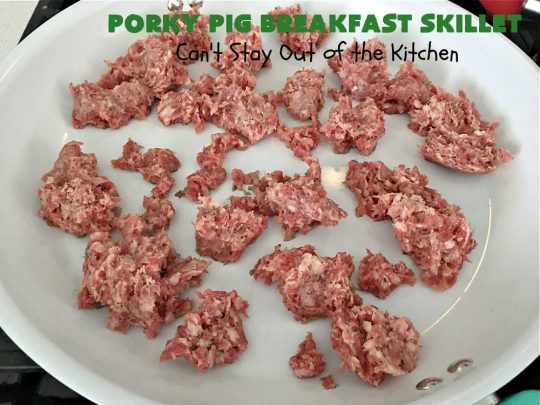 Porky Pig Breakfast Skillet | Can't Stay Out of the Kitchen | this hearty and amazing #BreakfastSkillet includes #eggs, "HashBrowns, two kinds of #cheese, #ham, #sausage & #bacon. It's absolutely the most mouthwatering #skillet #breakfast ever! If you enjoy hearty breakfasts, this one is amazing. #pork #SkilletBreakfast #PorkyPigBreakfastSkillet #Holiday #HolidayBreakfast