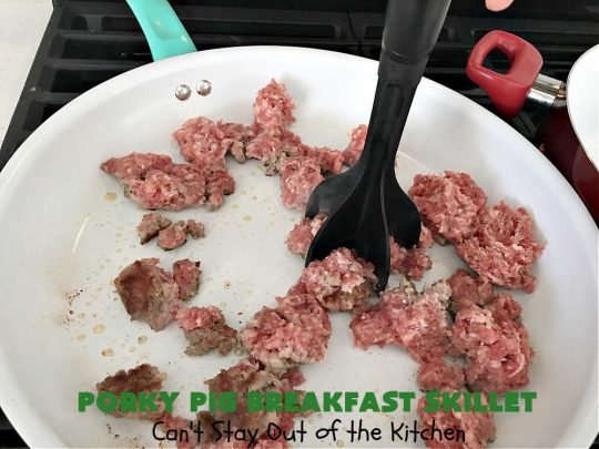 Porky Pig Breakfast Skillet | Can't Stay Out of the Kitchen | this hearty and amazing #BreakfastSkillet includes #eggs, "HashBrowns, two kinds of #cheese, #ham, #sausage & #bacon. It's absolutely the most mouthwatering #skillet #breakfast ever! If you enjoy hearty breakfasts, this one is amazing. #pork #SkilletBreakfast #PorkyPigBreakfastSkillet #Holiday #HolidayBreakfast