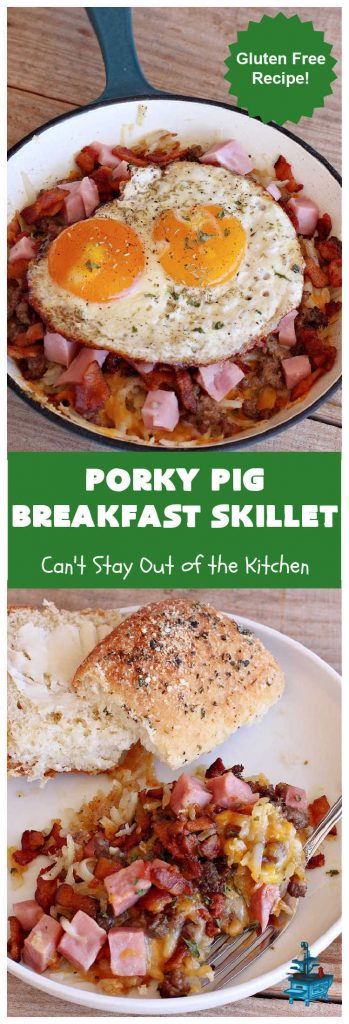 Porky Pig Breakfast Skillet | Can't Stay Out of the Kitchen | this hearty and amazing #BreakfastSkillet includes #eggs, "HashBrowns, two kinds of #cheese, #ham, #sausage & #bacon. It's absolutely the most mouthwatering #skillet #breakfast ever! If you enjoy hearty breakfasts, this one is amazing. #pork #SkilletBreakfast #PorkyPigBreakfastSkillet #Holiday #HolidayBreakfast