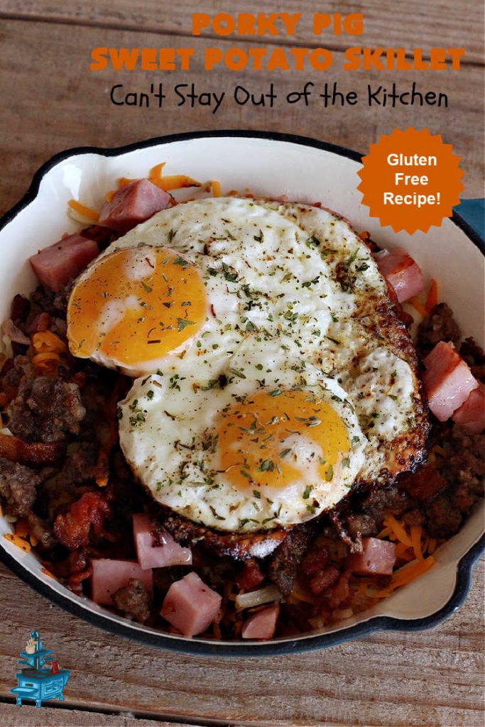 Porky Pig Sweet Potato Skillet | Can't Stay Out of the Kitchen | this amazing #BreakfastSkillet includes #SweetPotatoes, #bacon, #sausage, #ham, eggs and both #MontereyJack & #CheddarCheese. It makes for one really hearty #breakfast for weekends, company or #holidays. #brunch #pork #HolidayBreakfast #PorkyPigSweetPotatoSkillet #SkilletBreakfast