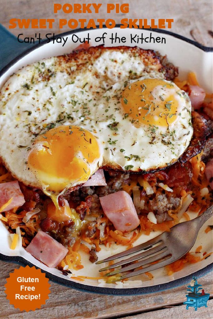 Porky Pig Sweet Potato Skillet | Can't Stay Out of the Kitchen | this amazing #BreakfastSkillet includes #SweetPotatoes, #bacon, #sausage, #ham, eggs and both #MontereyJack & #CheddarCheese. It makes for one really hearty #breakfast for weekends, company or #holidays. #brunch #pork #HolidayBreakfast #PorkyPigSweetPotatoSkillet #SkilletBreakfast