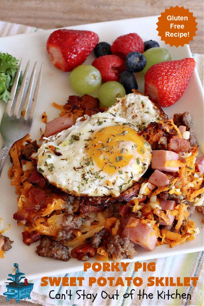 Porky Pig Sweet Potato Skillet | Can't Stay Out of the Kitchen | this amazing #BreakfastSkillet includes #SweetPotatoes, #bacon, #sausage, #ham, eggs and both #MontereyJack & #CheddarCheese. It makes for one really hearty #breakfast for weekends, company or #holidays. #brunch #pork #HolidayBreakfast #PorkyPigSweetPotatoSkillet #SkilletBreakfast
