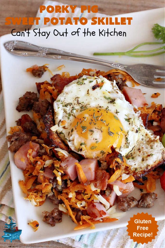 Porky Pig Sweet Potato Skillet | Can't Stay Out of the Kitchen | this amazing #BreakfastSkillet includes #SweetPotatoes, #bacon, #sausage, #ham, eggs and both #MontereyJack & #CheddarCheese. It makes for one really hearty #breakfast for weekends, company or #holidays. #brunch #pork #HolidayBreakfast #PorkyPigSweetPotatoSkillet #SkilletBreakfast