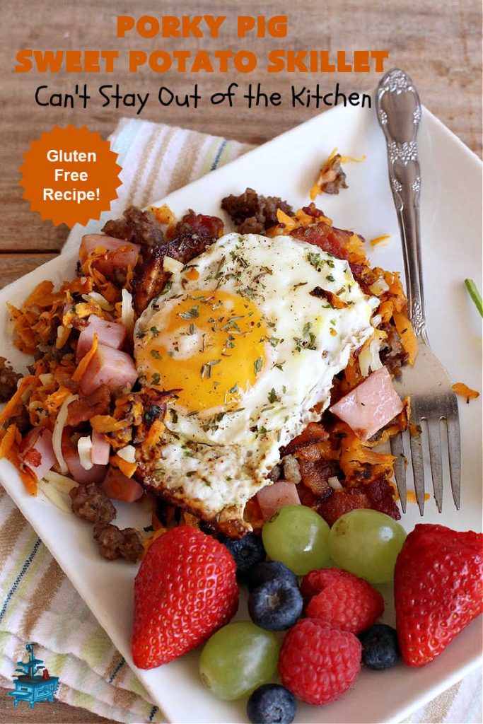 Porky Pig Sweet Potato Skillet | Can't Stay Out of the Kitchen | this amazing #BreakfastSkillet includes #SweetPotatoes, #bacon, #sausage, #ham, eggs and both #MontereyJack & #CheddarCheese. It makes for one really hearty #breakfast for weekends, company or #holidays. #brunch #pork #HolidayBreakfast #PorkyPigSweetPotatoSkillet #SkilletBreakfast