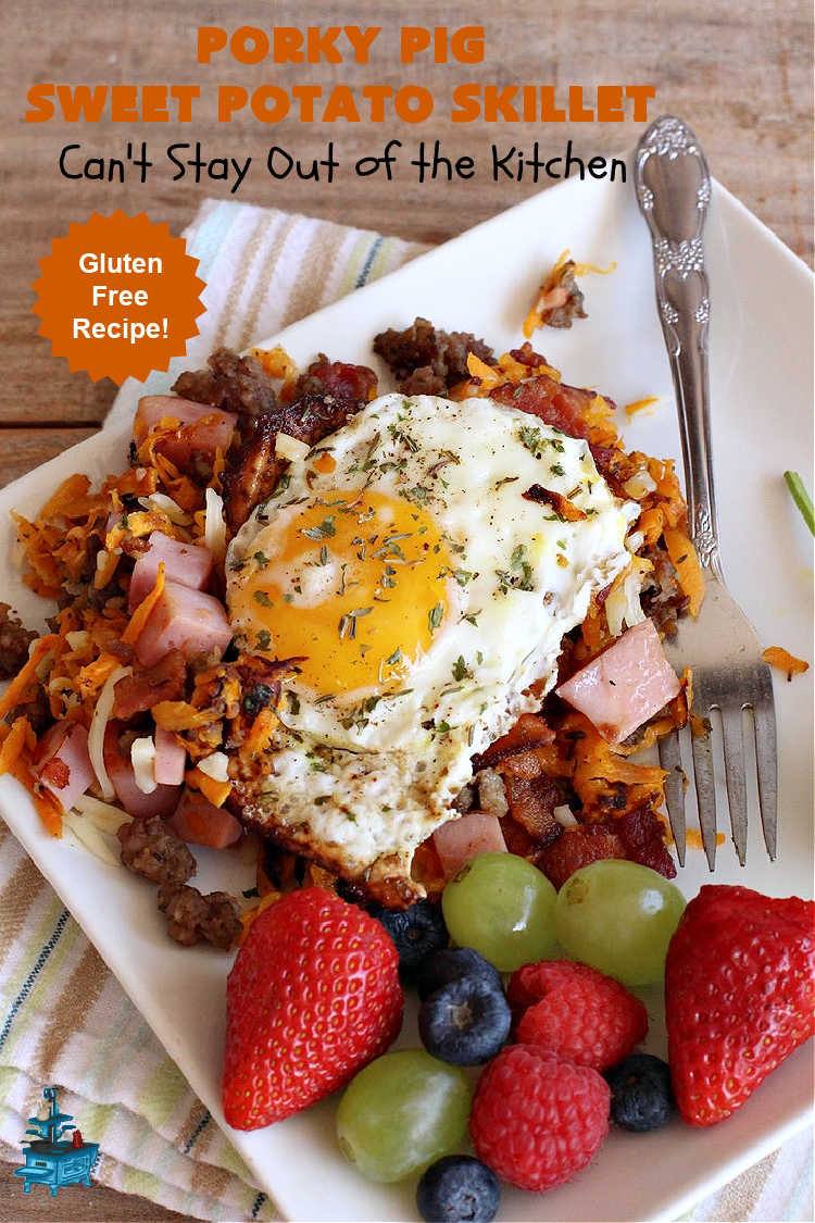 Porky Pig Sweet Potato Skillet | Can't Stay Out of the Kitchen | this amazing #BreakfastSkillet includes #SweetPotatoes, #bacon, #sausage, #ham, eggs and both #MontereyJack & #CheddarCheese. It makes for one really hearty #breakfast for weekends, company or #holidays. #brunch #pork #HolidayBreakfast #PorkyPigSweetPotatoSkillet #SkilletBreakfast
