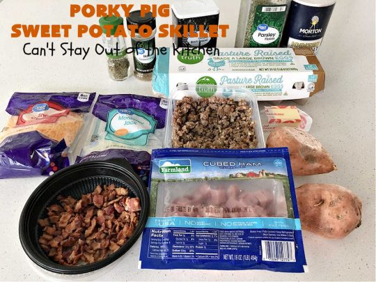Porky Pig Sweet Potato Skillet | Can't Stay Out of the Kitchen | this amazing #BreakfastSkillet includes #SweetPotatoes, #bacon, #sausage, #ham, eggs and both #MontereyJack & #CheddarCheese. It makes for one really hearty #breakfast for weekends, company or #holidays. #brunch #pork #HolidayBreakfast #PorkyPigSweetPotatoSkillet #SkilletBreakfast