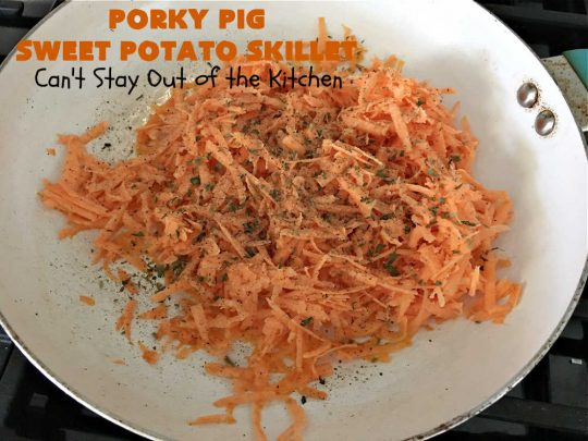 Porky Pig Sweet Potato Skillet | Can't Stay Out of the Kitchen | this amazing #BreakfastSkillet includes #SweetPotatoes, #bacon, #sausage, #ham, eggs and both #MontereyJack & #CheddarCheese. It makes for one really hearty #breakfast for weekends, company or #holidays. #brunch #pork #HolidayBreakfast #PorkyPigSweetPotatoSkillet #SkilletBreakfast