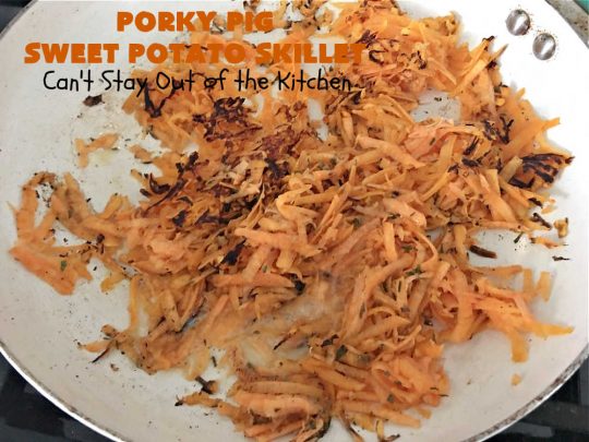 Porky Pig Sweet Potato Skillet | Can't Stay Out of the Kitchen | this amazing #BreakfastSkillet includes #SweetPotatoes, #bacon, #sausage, #ham, eggs and both #MontereyJack & #CheddarCheese. It makes for one really hearty #breakfast for weekends, company or #holidays. #brunch #pork #HolidayBreakfast #PorkyPigSweetPotatoSkillet #SkilletBreakfast