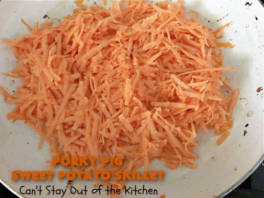 Porky Pig Sweet Potato Skillet | Can't Stay Out of the Kitchen | this amazing #BreakfastSkillet includes #SweetPotatoes, #bacon, #sausage, #ham, eggs and both #MontereyJack & #CheddarCheese. It makes for one really hearty #breakfast for weekends, company or #holidays. #brunch #pork #HolidayBreakfast #PorkyPigSweetPotatoSkillet #SkilletBreakfast