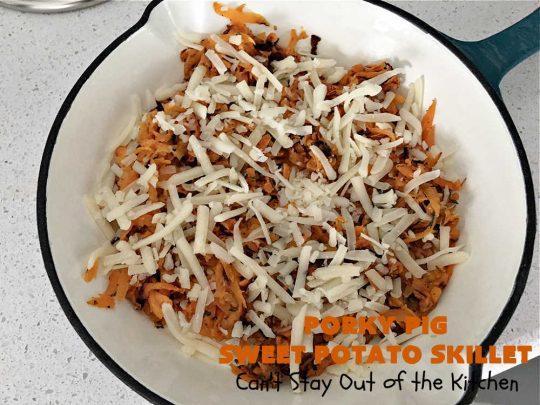 Porky Pig Sweet Potato Skillet | Can't Stay Out of the Kitchen | this amazing #BreakfastSkillet includes #SweetPotatoes, #bacon, #sausage, #ham, eggs and both #MontereyJack & #CheddarCheese. It makes for one really hearty #breakfast for weekends, company or #holidays. #brunch #pork #HolidayBreakfast #PorkyPigSweetPotatoSkillet #SkilletBreakfast
