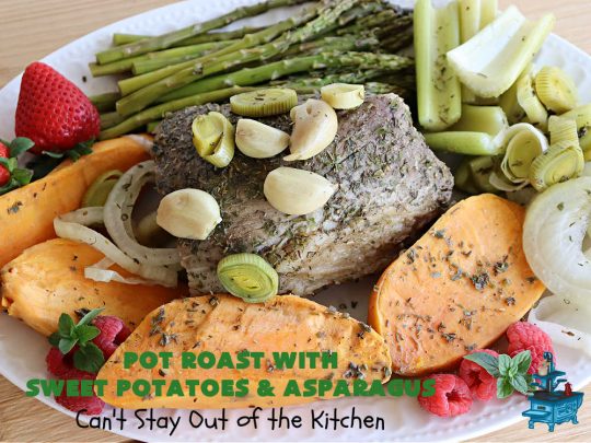 Pot Roast with Sweet Potatoes & Asparagus | Can't Stay Out of the Kitchen | This easy #SlowCooker #recipe is the perfect way to enjoy #PotRoast without the excess calories of gravy! It includes #SweetPotatoes & #asparagus & is seasoned perfectly for #MeatAndPotato lovers. #beef #GlutenFree #PotRoastWithSweetPotatoesAndAsparagus