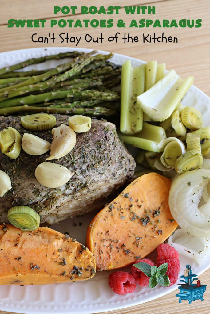 Pot Roast with Sweet Potatoes & Asparagus | Can't Stay Out of the Kitchen | This easy #SlowCooker #recipe is the perfect way to enjoy #PotRoast without the excess calories of gravy! It includes #SweetPotatoes & #asparagus & is seasoned perfectly for #MeatAndPotato lovers. #beef #GlutenFree #PotRoastWithSweetPotatoesAndAsparagus