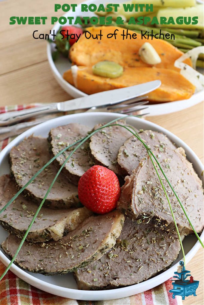 Pot Roast with Sweet Potatoes & Asparagus | Can't Stay Out of the Kitchen | This easy #SlowCooker #recipe is the perfect way to enjoy #PotRoast without the excess calories of gravy! It includes #SweetPotatoes & #asparagus & is seasoned perfectly for #MeatAndPotato lovers. #beef #GlutenFree #PotRoastWithSweetPotatoesAndAsparagus