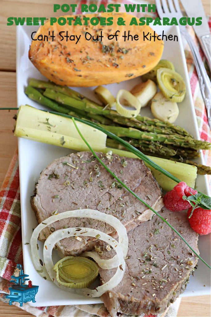 Pot Roast with Sweet Potatoes & Asparagus | Can't Stay Out of the Kitchen | This easy #SlowCooker #recipe is the perfect way to enjoy #PotRoast without the excess calories of gravy! It includes #SweetPotatoes & #asparagus & is seasoned perfectly for #MeatAndPotato lovers. #beef #GlutenFree #PotRoastWithSweetPotatoesAndAsparagus