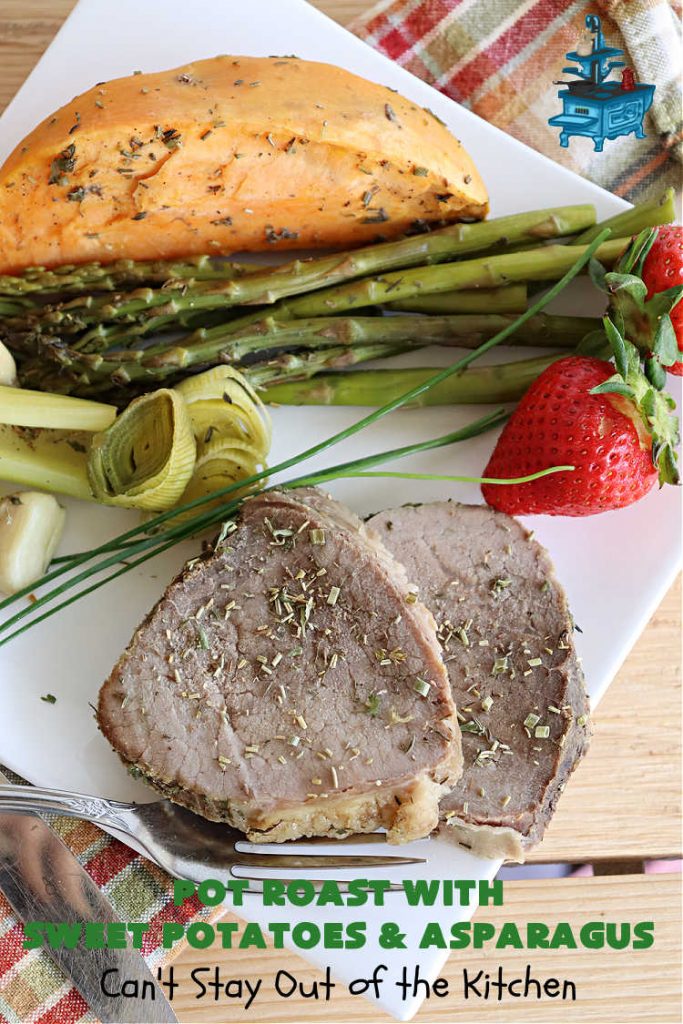 Pot Roast with Sweet Potatoes & Asparagus | Can't Stay Out of the Kitchen | This easy #SlowCooker #recipe is the perfect way to enjoy #PotRoast without the excess calories of gravy! It includes #SweetPotatoes & #asparagus & is seasoned perfectly for #MeatAndPotato lovers. #beef #GlutenFree #PotRoastWithSweetPotatoesAndAsparagus