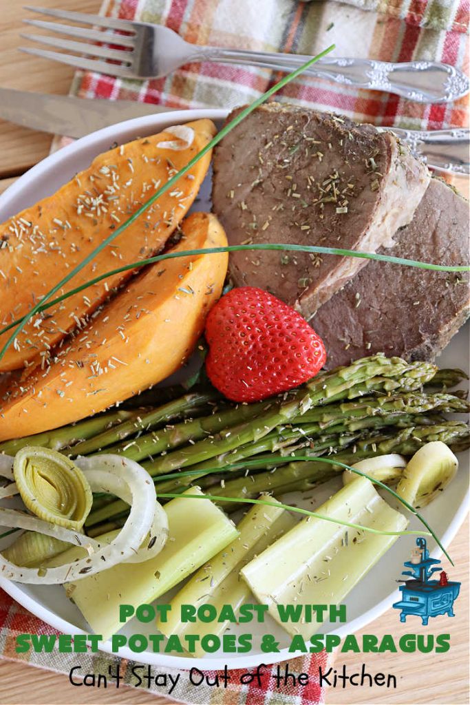 Pot Roast with Sweet Potatoes & Asparagus | Can't Stay Out of the Kitchen | This easy #SlowCooker #recipe is the perfect way to enjoy #PotRoast without the excess calories of gravy! It includes #SweetPotatoes & #asparagus & is seasoned perfectly for #MeatAndPotato lovers. #beef #GlutenFree #PotRoastWithSweetPotatoesAndAsparagus