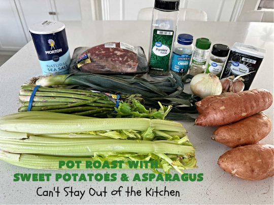 Pot Roast with Sweet Potatoes & Asparagus | Can't Stay Out of the Kitchen | This easy #SlowCooker #recipe is the perfect way to enjoy #PotRoast without the excess calories of gravy! It includes #SweetPotatoes & #asparagus & is seasoned perfectly for #MeatAndPotato lovers. #beef #GlutenFree #PotRoastWithSweetPotatoesAndAsparagus