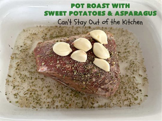 Pot Roast with Sweet Potatoes & Asparagus | Can't Stay Out of the Kitchen | This easy #SlowCooker #recipe is the perfect way to enjoy #PotRoast without the excess calories of gravy! It includes #SweetPotatoes & #asparagus & is seasoned perfectly for #MeatAndPotato lovers. #beef #GlutenFree #PotRoastWithSweetPotatoesAndAsparagus