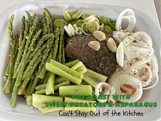 Pot Roast with Sweet Potatoes & Asparagus | Can't Stay Out of the Kitchen | This easy #SlowCooker #recipe is the perfect way to enjoy #PotRoast without the excess calories of gravy! It includes #SweetPotatoes & #asparagus & is seasoned perfectly for #MeatAndPotato lovers. #beef #GlutenFree #PotRoastWithSweetPotatoesAndAsparagus