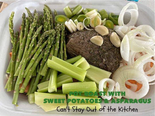 Pot Roast with Sweet Potatoes & Asparagus | Can't Stay Out of the Kitchen | This easy #SlowCooker #recipe is the perfect way to enjoy #PotRoast without the excess calories of gravy! It includes #SweetPotatoes & #asparagus & is seasoned perfectly for #MeatAndPotato lovers. #beef #GlutenFree #PotRoastWithSweetPotatoesAndAsparagus