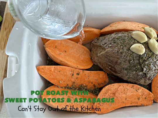 Pot Roast with Sweet Potatoes & Asparagus | Can't Stay Out of the Kitchen | This easy #SlowCooker #recipe is the perfect way to enjoy #PotRoast without the excess calories of gravy! It includes #SweetPotatoes & #asparagus & is seasoned perfectly for #MeatAndPotato lovers. #beef #GlutenFree #PotRoastWithSweetPotatoesAndAsparagus