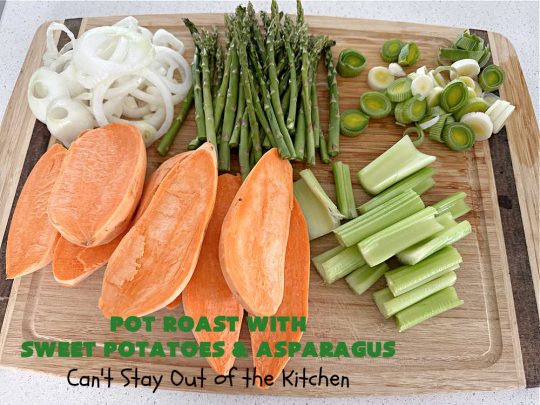 Pot Roast with Sweet Potatoes & Asparagus | Can't Stay Out of the Kitchen | This easy #SlowCooker #recipe is the perfect way to enjoy #PotRoast without the excess calories of gravy! It includes #SweetPotatoes & #asparagus & is seasoned perfectly for #MeatAndPotato lovers. #beef #GlutenFree #PotRoastWithSweetPotatoesAndAsparagus