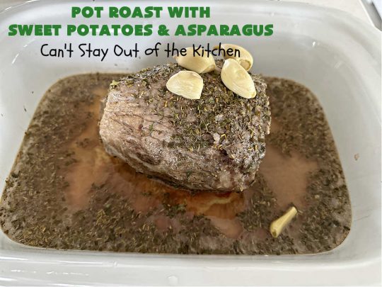 Pot Roast with Sweet Potatoes & Asparagus | Can't Stay Out of the Kitchen | This easy #SlowCooker #recipe is the perfect way to enjoy #PotRoast without the excess calories of gravy! It includes #SweetPotatoes & #asparagus & is seasoned perfectly for #MeatAndPotato lovers. #beef #GlutenFree #PotRoastWithSweetPotatoesAndAsparagus