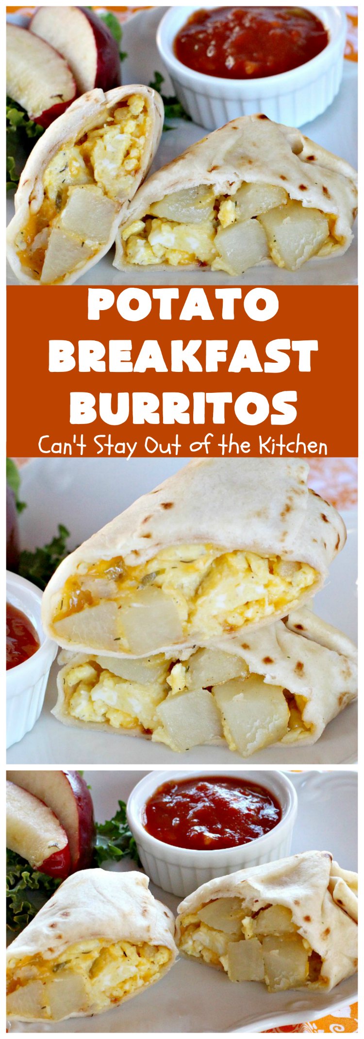 Potato Breakfast Burritos | Can't Stay Out of the Kitchen | these #BreakfastBurritos are heavenly! Warm #tortillas are filled with seasoned #FriedPotatoes, #eggs & #CheddarCheese. They are so mouthwatering, hearty, filling & totally satisfying for #breakfast or #MeatlessMondays. These can be made up ahead then microwaved when you're on the way out the door! #potatoes #burritos #TexMex #TexMexBreakfastBurritos #Holiday #PotatoBreakfastBurritos #HolidayBreakfast