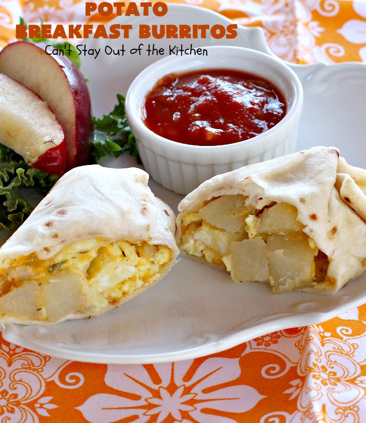 Potato Breakfast Burritos | Can't Stay Out of the Kitchen | these #BreakfastBurritos are heavenly! Warm #tortillas are filled with seasoned #FriedPotatoes, #eggs & #CheddarCheese. They are so mouthwatering, hearty, filling & totally satisfying for #breakfast or #MeatlessMondays. These can be made up ahead then microwaved when you're on the way out the door! #potatoes #burritos #TexMex #TexMexBreakfastBurritos #Holiday #PotatoBreakfastBurritos #HolidayBreakfast