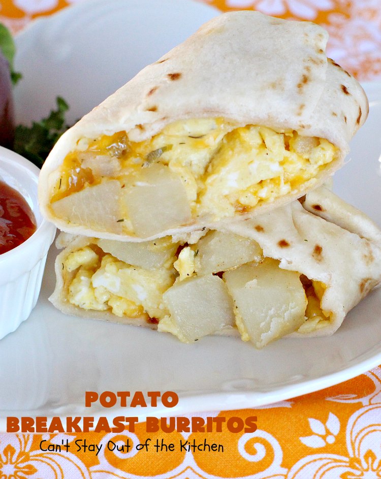 Potato Breakfast Burritos | Can't Stay Out of the Kitchen | these #BreakfastBurritos are heavenly! Warm #tortillas are filled with seasoned #FriedPotatoes, #eggs & #CheddarCheese. They are so mouthwatering, hearty, filling & totally satisfying for #breakfast or #MeatlessMondays. These can be made up ahead then microwaved when you're on the way out the door! #potatoes #burritos #TexMex #TexMexBreakfastBurritos #Holiday #PotatoBreakfastBurritos #HolidayBreakfast