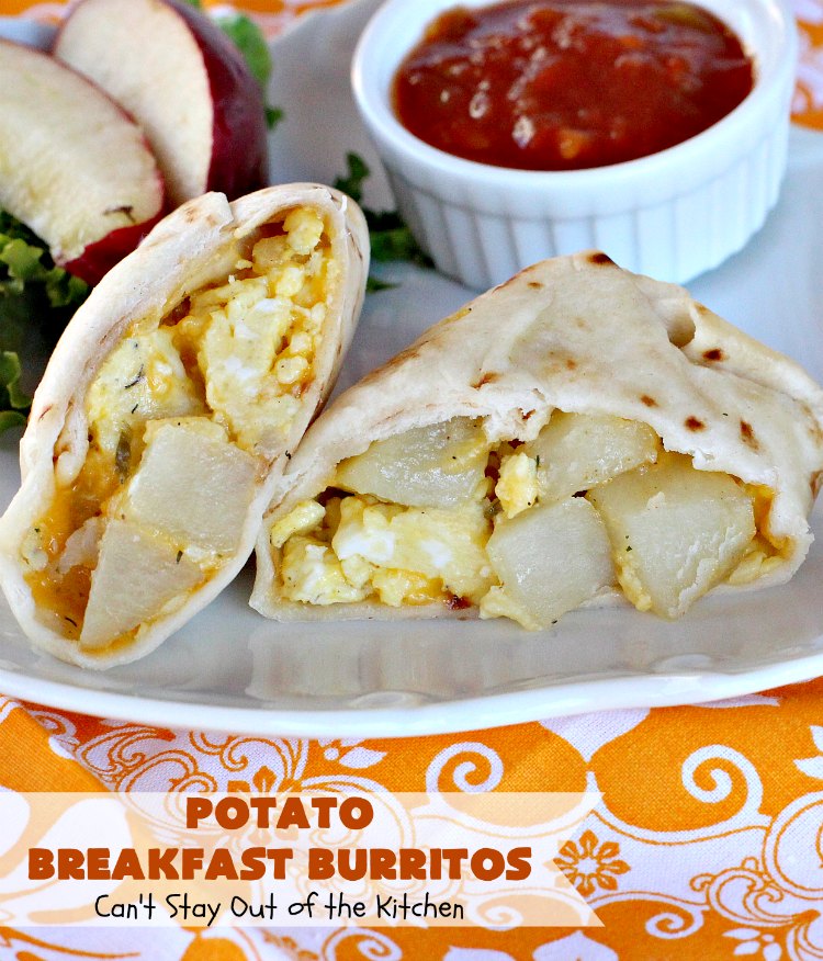 Potato Breakfast Burritos | Can't Stay Out of the Kitchen | these #BreakfastBurritos are heavenly! Warm #tortillas are filled with seasoned #FriedPotatoes, #eggs & #CheddarCheese. They are so mouthwatering, hearty, filling & totally satisfying for #breakfast or #MeatlessMondays. These can be made up ahead then microwaved when you're on the way out the door! #potatoes #burritos #TexMex #TexMexBreakfastBurritos #Holiday #PotatoBreakfastBurritos #HolidayBreakfast