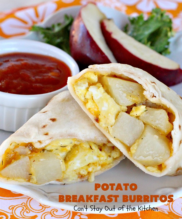 Potato Breakfast Burritos | Can't Stay Out of the Kitchen | these #BreakfastBurritos are heavenly! Warm #tortillas are filled with seasoned #FriedPotatoes, #eggs & #CheddarCheese. They are so mouthwatering, hearty, filling & totally satisfying for #breakfast or #MeatlessMondays. These can be made up ahead then microwaved when you're on the way out the door! #potatoes #burritos #TexMex #TexMexBreakfastBurritos #Holiday #PotatoBreakfastBurritos #HolidayBreakfast