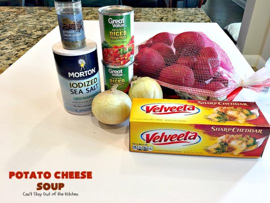 Potato Cheese Soup | Can't Stay Out of the Kitchen | this amazing #soup will soon become a favorite! Uses diced #tomatoes with green #chilies & #velveeta. Quick & easy, too. #glutenfree