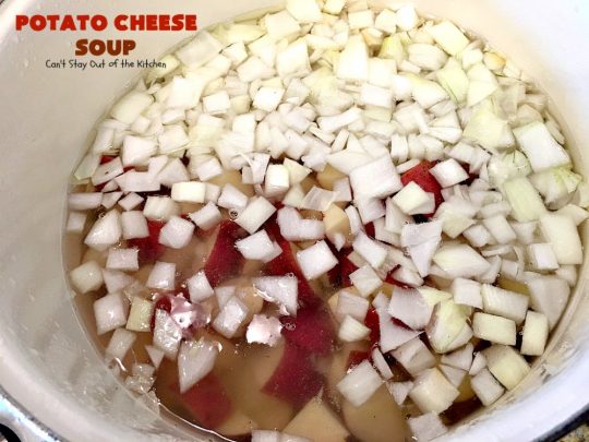 Potato Cheese Soup | Can't Stay Out of the Kitchen | this amazing #soup will soon become a favorite! Uses diced #tomatoes with green #chilies & #velveeta. Quick & easy, too. #glutenfree
